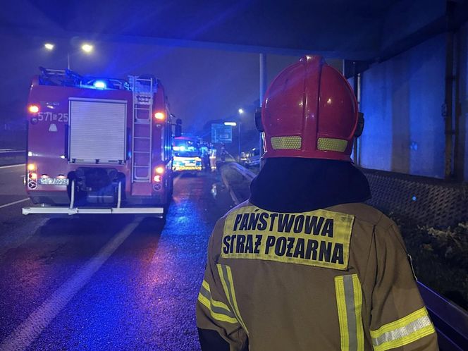 Groźny poranek na DTŚ w Rudzie Śląskiej. Samochód rozbił się na filarze wiaduktu, dwie osoby w szpitalu