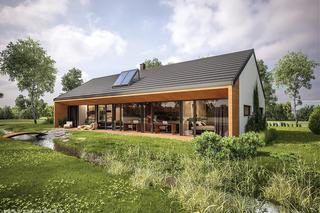 Projekt dużego domu w stylu nowoczesnej stodoły z 5 pokojami i dwustanowiskową wiatą garażową