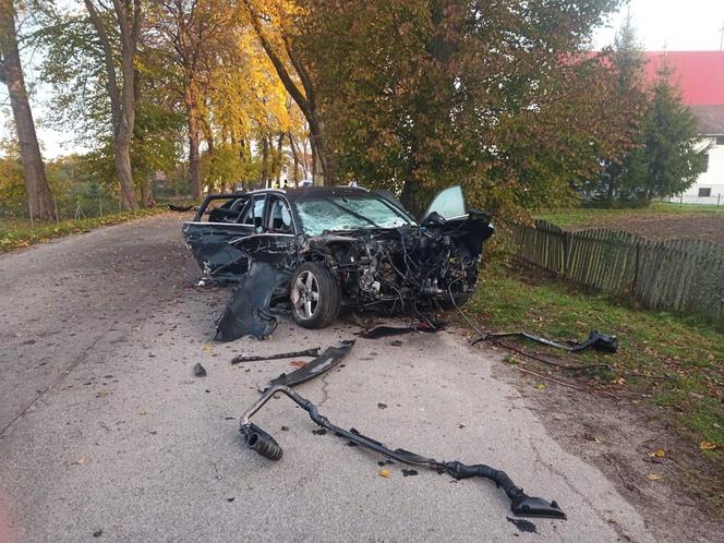 Po pijaku i bez prawka rozbił się na drzewach. Ogromna siła uderzenia.