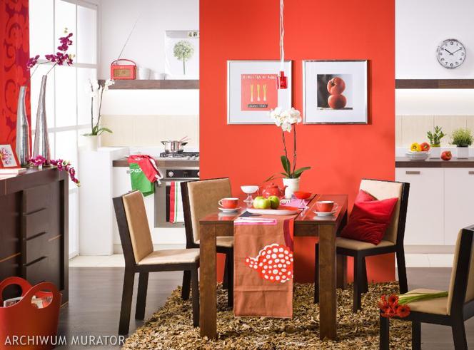 Czerwona ściana w salonie z jadalnią