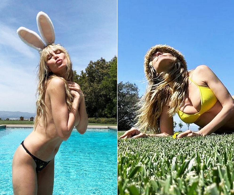 Heidi Klum półnago wygina się na trawie. Ma futrzaną czapę i kuse bikini. Co się dzieje z jej biustem?!