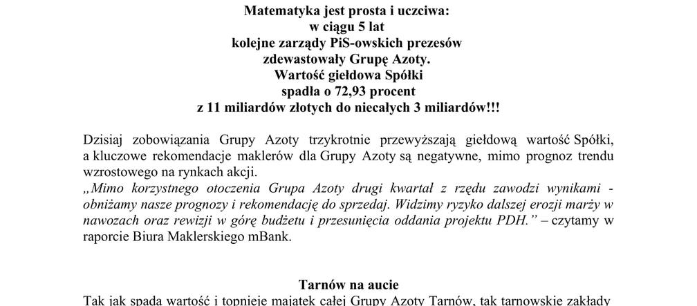 Pismo Urszuli Augustyn w sprawie Grupy Azoty w Tarnowie