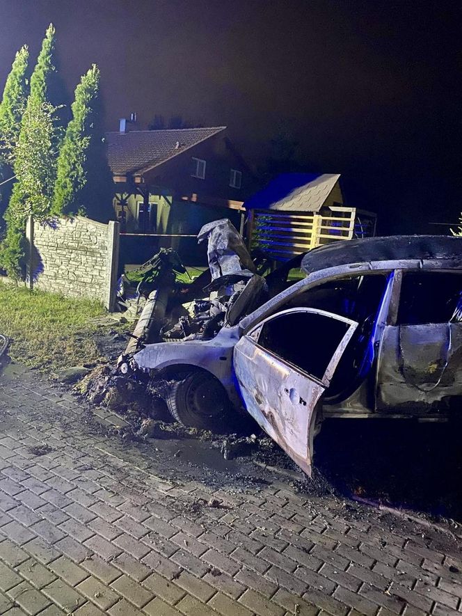 Lisewo Malborskie. Pożar auta po uderzeniu w słup energetyczny. Dwie osoby uratowali świadkowie.