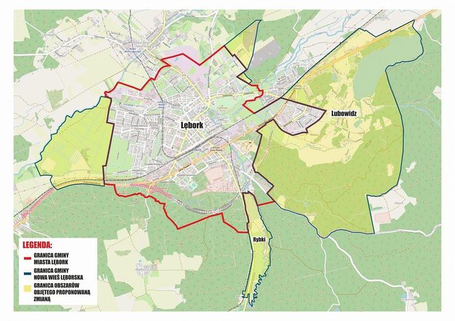 Mapa zakładająca zmianę granic Lęborka. Te miejscowości zostaną wcielone do miasta Lębork. 