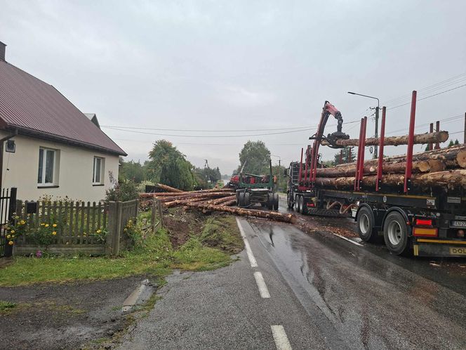 Wypadek w Mircu! Przewróciła się ciężarowka z drewnem, uszkodziła gazociąg