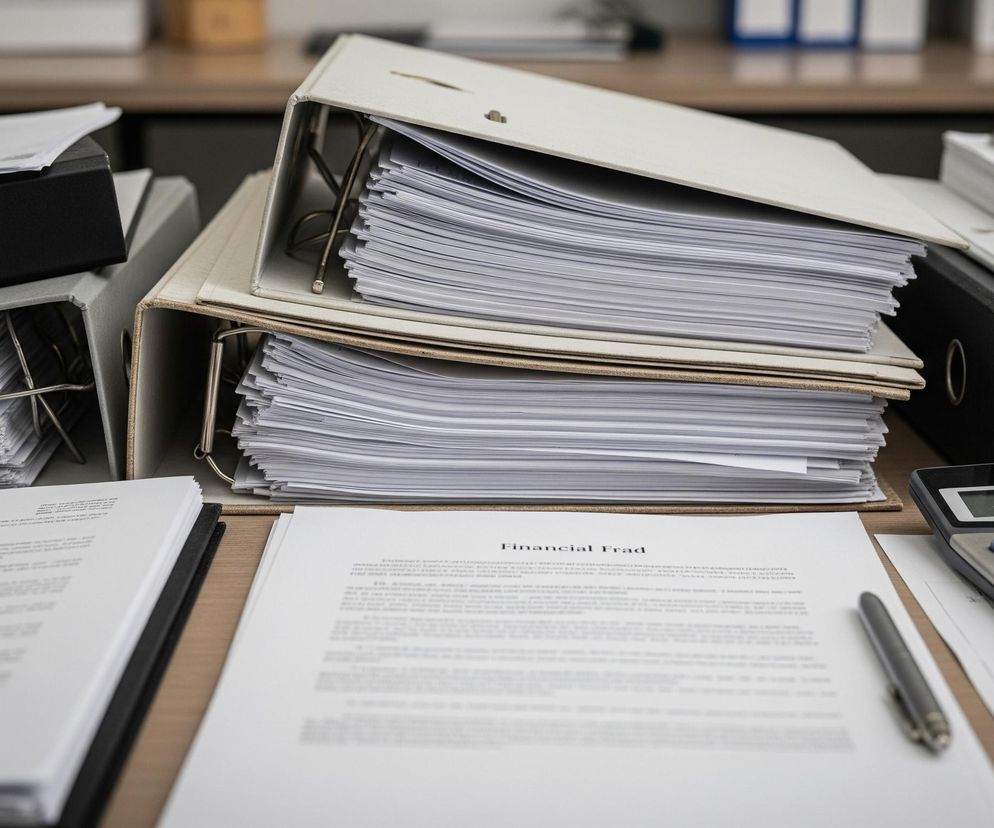 Biurko jest częściowo wypełnione dokumentami i materiałami biurowymi, ułożonymi w rzędy. Na pierwszym planie, po prawej stronie leży kalkulator w ciemnych barwach z różnymi przyciskami funkcyjnymi oraz czerwonymi przyciskami numerycznymi. Obok kalkulatora leży srebrny długopis. Przed nimi znajduje się arkusz papieru z tekstem, z nagłówkiem Financial Fraud. Za nim ułożone są liczne segregatory w różnych odcieniach szarości i beżu, wypełnione białymi kartkami papieru, z których niektóre są otwarte, ukazując wpięte dokumenty. Na jednym z czarnych segregatorów, po lewej stronie, widoczna jest biała etykieta z napisem RAK.