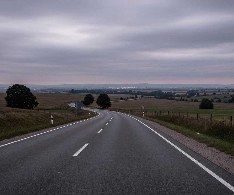 Droga asfaltowa z białym, przerywanym pasem środkowym i białymi liniami ciągłymi po obu stronach zakręca w prawo i biegnie w głąb kadru. Po lewej stronie jezdni znajduje się porośnięty trawą i chwastami pobocze, za którym widać pole, oraz kilka ciemnych drzew. Po prawej stronie drogi również rośnie trawa, a wzdłuż pobocza rozmieszczone są białe słupki hektometrowe z czerwonymi odblaskami. W oddali, na horyzoncie, rozciąga się równina z widocznymi światłami miast lub osad, a nad nią ciemne, zachmurzone niebo w odcieniach szarości i fioletu.