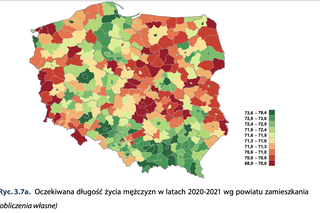 Mapa średniej wieku mężczyzn w Polsce