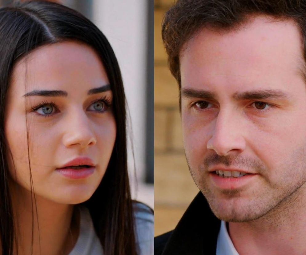 Zaniepokojona Bahar z długimi, ciemnymi włosami i intensywnie niebieskimi oczami patrzy w bok. Obok niej, Levent z ciemnymi włosami i zarostem, ma zaciętą minę. To kadr z serialu Miłość i nadzieja, gdzie Levent szantażuje Bahar, co możesz przeczytać na Super Seriale.