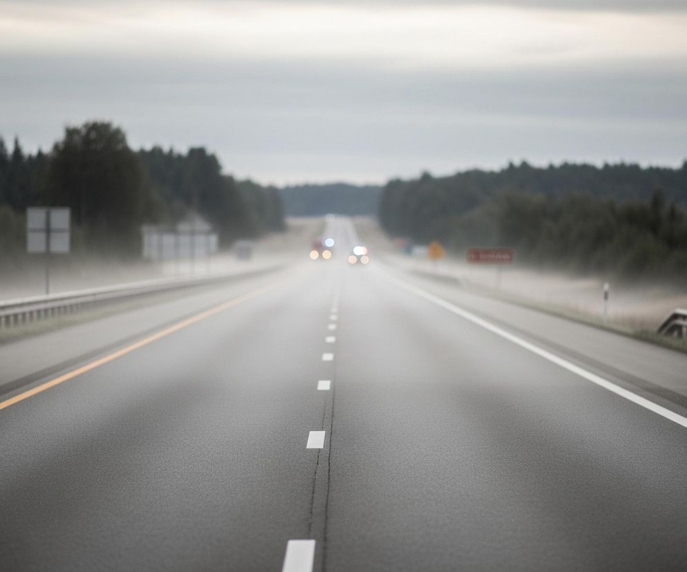 Na zdjęciu dominuje asfaltowa droga dwupasmowa, rozciągająca się w głąb kadru, z wyraźnym rozmyciem perspektywicznym. Na lewym pasie ruchu znajduje się żółta, ciągła linia, a na prawym biała przerywana, dzieląca go na dwa kierunki. Po obu stronach drogi widoczne są metalowe barierki ochronne oraz pasy zielonej trawy, za którymi rozciąga się gęsty, ciemnozielony las, zlewający się w oddali z mglistym, szarym niebem. W głębi obrazu, na drodze, dostrzegalne są rozmyte światła samochodów, a także niewyraźne znaki drogowe po obu stronach jezdni.