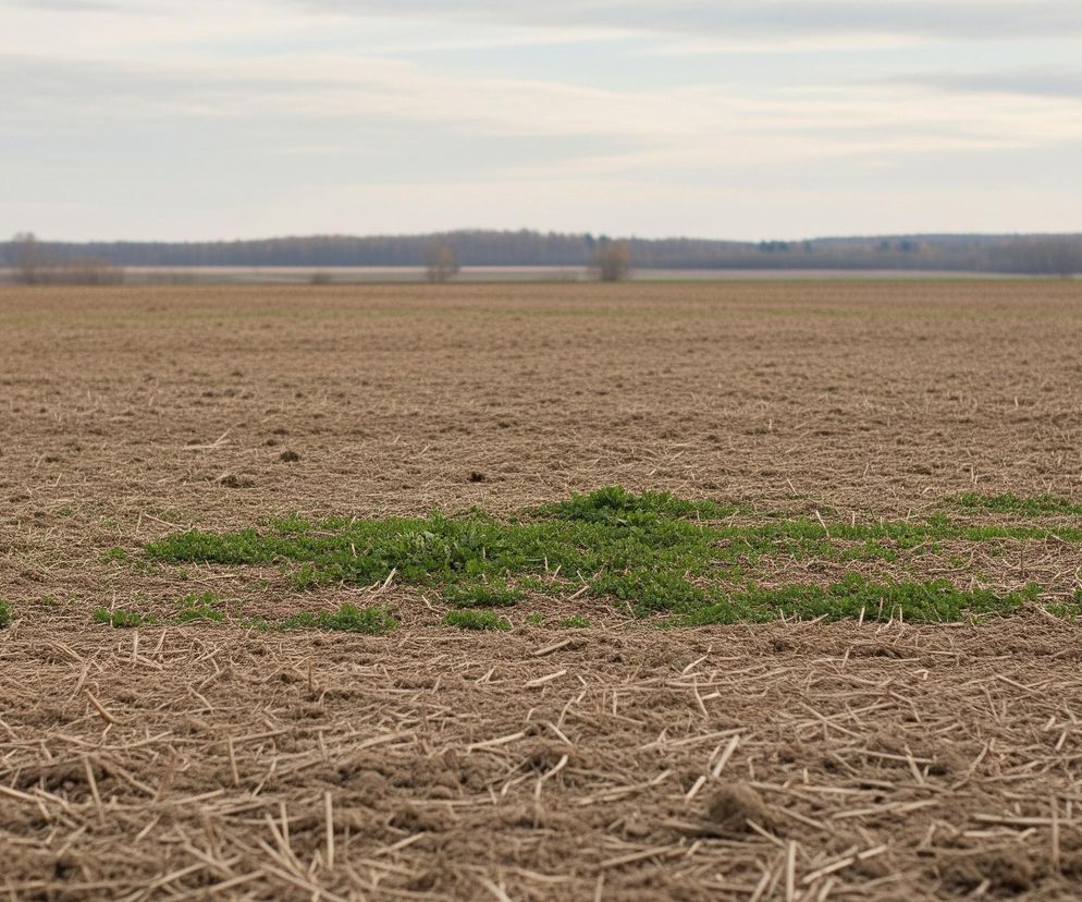 Brązowe pole pokryte jest resztkami pożniwnymi, a w jego centralnej części znajduje się duża, nieregularna plama soczyście zielonej roślinności. Po lewej stronie, nieco bliżej, widać mniejszą kępkę zielonych liści. W tle rozciąga się pas lasu o ciemniejszych, ziemistych kolorach, z kilkoma drzewami wyróżniającymi się jaśniejszymi, żółtawymi liśćmi, a nad nim niebo pokrywają jasnoszare chmury z delikatnymi pasmami.