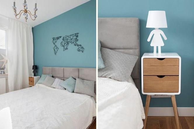 Biel ożywiona mocnymi kolorami. Turkus w sypialni, a w łazience... papugi!