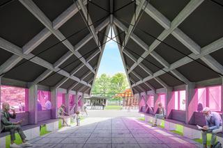 Serpentine Pavilion 2024 designed by Minsuk Cho, Mass Studies. Design render, view of void from the Auditorium.