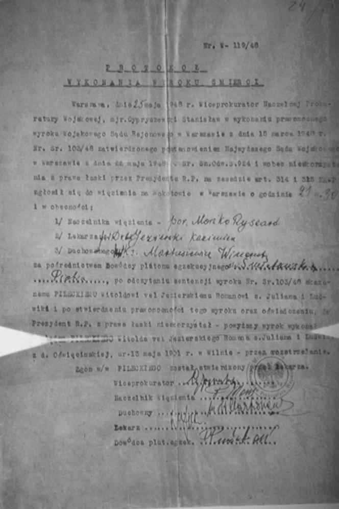 Protokół wykonania wyroku na rotmistrzu Witoldzie Pileckim