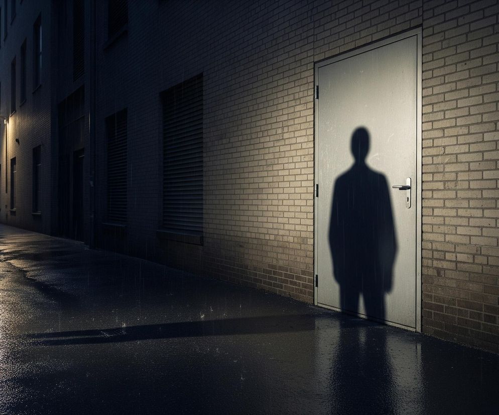 Na ciemnej uliczce, między ceglanymi budynkami, widoczna jest szara metalowa płyta drzwi, na którą pada zarys postaci w postaci ciemnego cienia. Uliczka jest mokra od deszczu, a powierzchnia odbija światło z odległej latarni ulicznej, tworząc jasne refleksy na asfalcie. Ściany budynków są wykonane z jasnej cegły, oświetlone przez tę samą latarnię, rzucającą dłuższe cienie na ziemię.