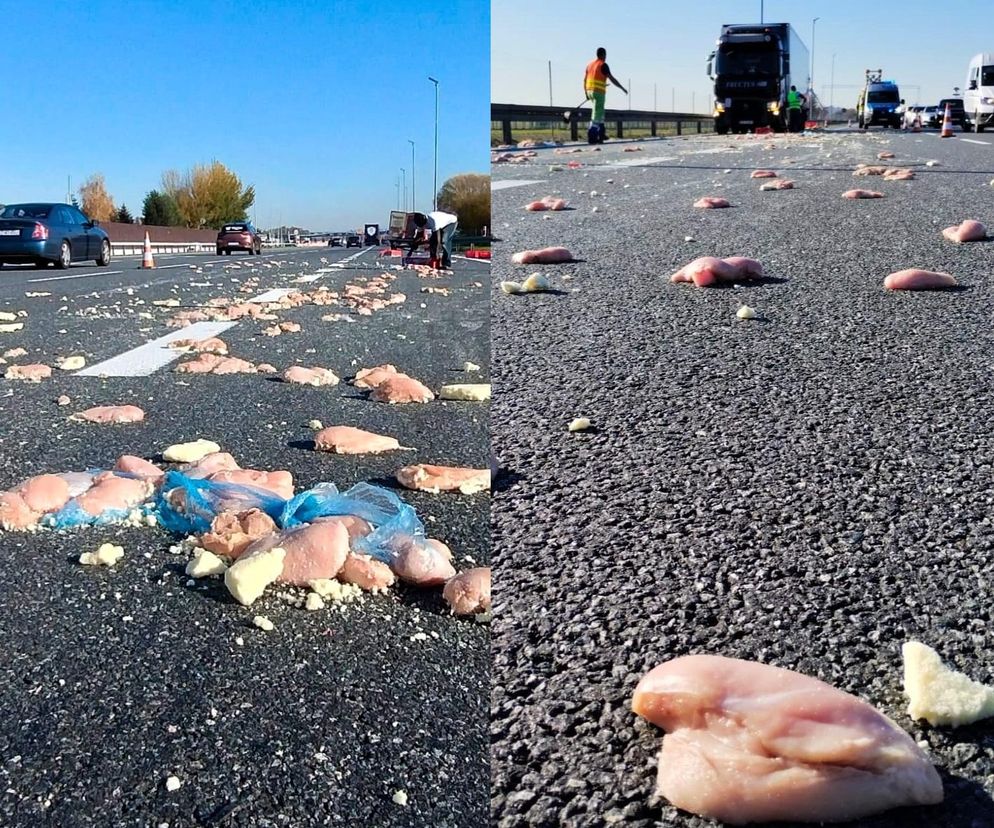 Deszcz mrożonego mięsa na autostradzie A4. Nietypowe skutki kolizji pod Krakowem