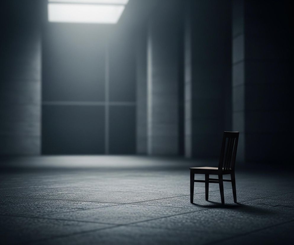 Drewniane krzesło z jasnym siedziskiem stoi samotnie po prawej stronie kadru, na ciemnej, teksturalnej podłodze złożonej z dużych, kwadratowych płytek. Z góry, w centrum kadru, pada mocne, białe światło z prostokątnego świetlika, oświetlając przestrzeń i tworząc długi cień krzesła skierowany w lewo. Tło stanowi rozległe, puste pomieszczenie z wysokimi ścianami w ciemnych odcieniach szarości, zarysowanymi pionowymi i poziomymi liniami.