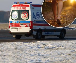 Kobieta szła drogą bez butów i w samej koszuli nocnej