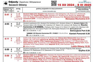 Rozkład jazdy dla stacji Szczecin Główny na zimę 2024/2025