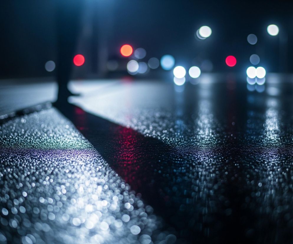 Mokry, ciemny asfalt pokryty drobnymi, błyszczącymi kroplami deszczu rozciąga się na pierwszym planie, tworząc efekt bokeh. Na środku obrazu widoczna jest niewyraźna sylwetka osoby, której cień pada na powierzchnię ulicy, częściowo zabarwiony na czerwono od odbitego światła. W tle, w rozmyciu, majaczą światła samochodów i latarni ulicznych w odcieniach czerwieni i bieli, co sugeruje nocny miejski krajobraz.