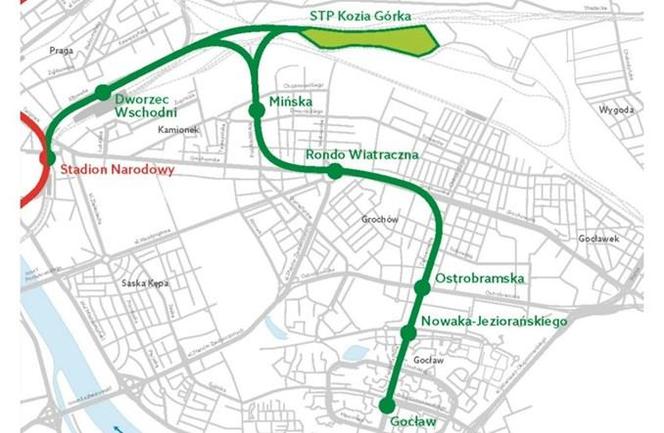 3. linia metra w Warszawie – mapa odcinka praskiego