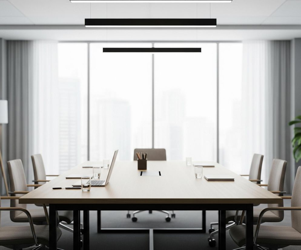 Centralnym punktem obrazu jest duży, podłużny stół konferencyjny z jasnego drewna, otoczony krzesłami z szarą tapicerką i drewnianymi podłokietnikami. Na stole leżą otwarty laptop, szklanki z wodą, notesy i przybory do pisania. W tle znajduje się szerokie okno z białymi zasłonami, przez które widać niewyraźne zarysy budynków. Pomieszczenie ma szare ściany, a na suficie wiszą dwie podłużne, czarne lampy. Po lewej stronie stołu widać drewnianą komodę i stojącą lampę, natomiast po prawej stoi duża zielona roślina doniczkowa.