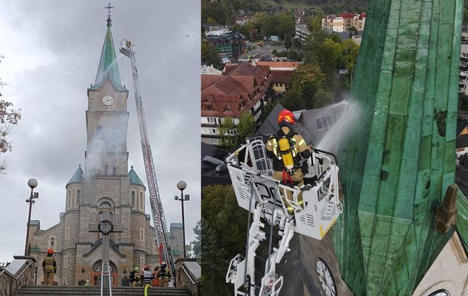 Dym przy Sanktuarium Świętej Rodziny na Krupówkach. Ćwiczenia strażaków w Zakopanem