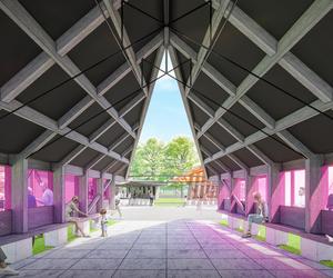 Serpentine Pavilion 2024 designed by Minsuk Cho, Mass Studies. Design render, view of void from the Auditorium.