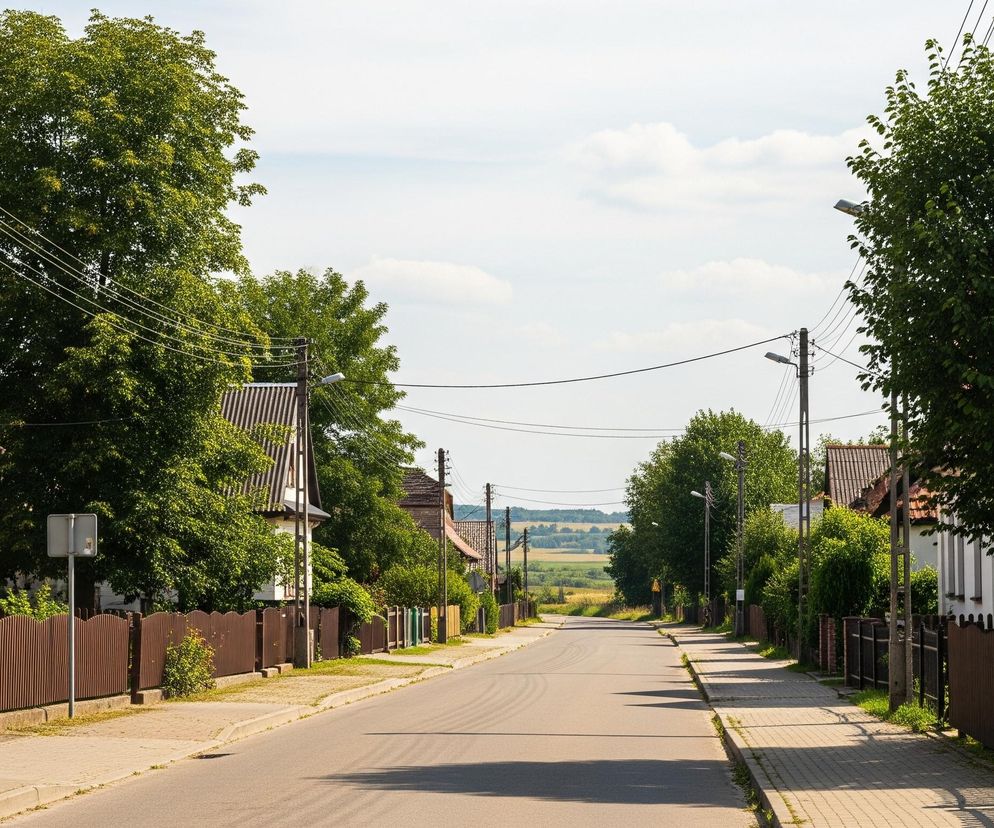 Ulica na polskiej wsi z domami jednorodzinnymi po obu stronach i ogrodzeniami. W oddali widać pola uprawne, co nawiązuje do tematu artykułu o ograniczeniach dla mieszkańców wsi w kontekście działalności rolniczej, o czym przeczytasz na Super Biznes.