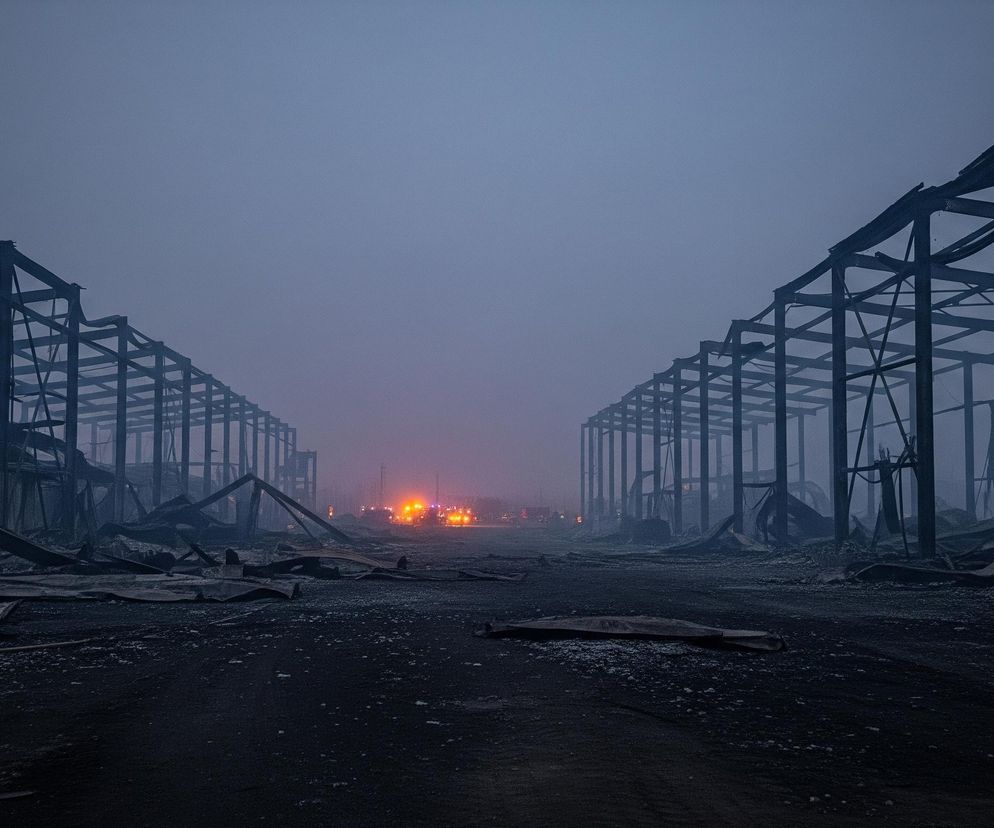 Pusta, szeroka przestrzeń wyłożona jest zniszczonymi konstrukcjami budynków po obu stronach, których szkielety metalowych ram wznoszą się w górę, a dach i ściany są całkowicie zniszczone, pozostawiając jedynie ciemne, poskręcane elementy. Na środku, w oddali, widać grupę jasno pomarańczowych i czerwonych świateł, rozświetlających mgliste, szare tło. Podłoże jest ciemne, pokryte resztkami materiałów i gruzu, z widocznymi jasnymi punktami, być może odbijającymi światło.