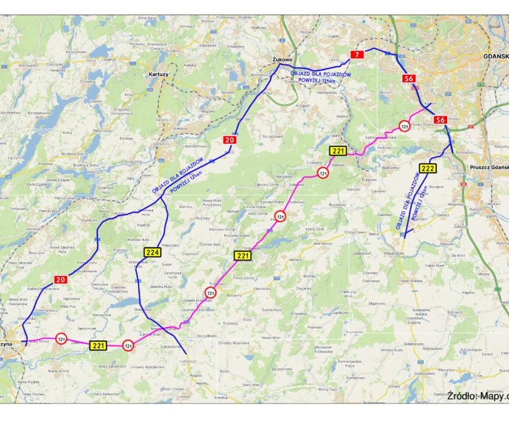 Korki to się dopiero zaczną? Objazd dla ciężarówek przez Gdańsk i Żukowo [MAPA]
