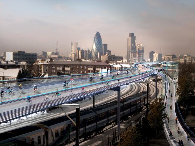 Koncepcja SkyCycle - sieć dróg rowerowych nad liniami londyńskich kolei podmiejskich, proj. Foster + Partners, 2013