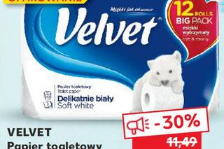 Papier toaletowy Velvet w bardzo niskiej cenie 7,99 zl/ 12 rolek.  Jedna rolka tego delikatnego papieru kosztuje tylko 67 groszy