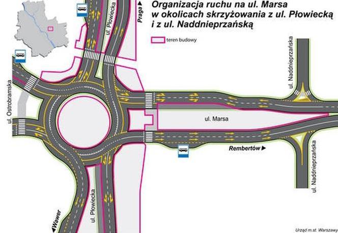 Organizacja ruchu na ul. Marsa w okolicach skrzyżowania z ul. Płowiecką i z ul. Naddnieprzańską