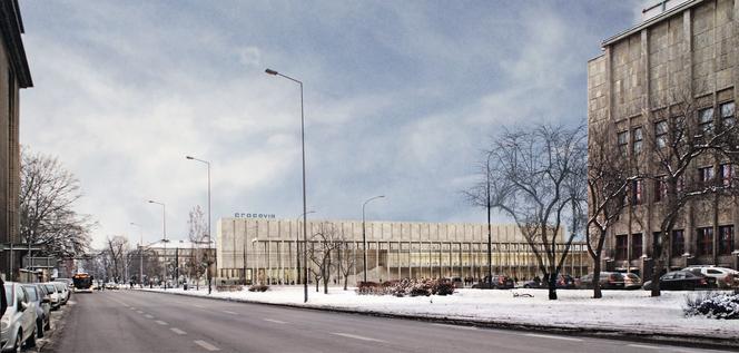 Jedna z koncepcji DDJM. Projekt budynku z kamienną arkadą i Muzeum Błoń