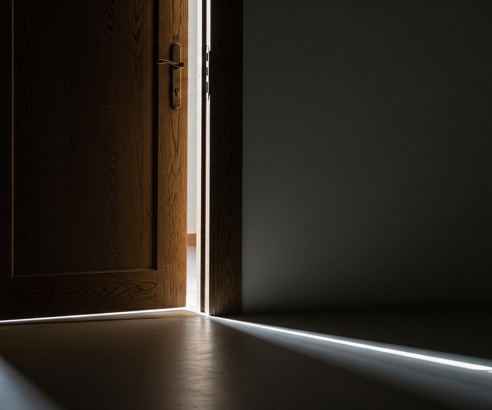 Ciemnobrązowe, drewniane drzwi są uchylone, tworząc pionową szczelinę z jasnym światłem po prawej stronie. Na drzwiach znajduje się złota klamka z kluczem w zamku. Światło przechodzące przez szczelinę drzwi rzuca długi, wąski pas jasnego światła na ciemną podłogę po prawej stronie, a także oświetla przestrzeń za drzwiami, której fragment jest widoczny. Reszta pomieszczenia po lewej stronie i na pierwszym planie jest pogrążona w ciemności.