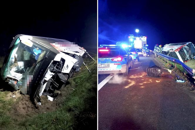 Nocny wypadek autobusu pod Łowiczem. Kilka osób w szpitalu. Pojazd wylądował w rowie [ZDJĘCIA].