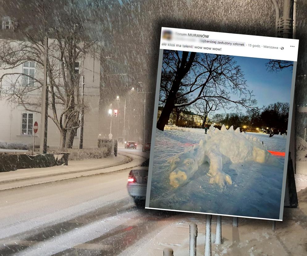 Nietuzinkowe bałwany opanowały stolicę. W samym centrum Warszawy stanął śniegowy dinozaur!
