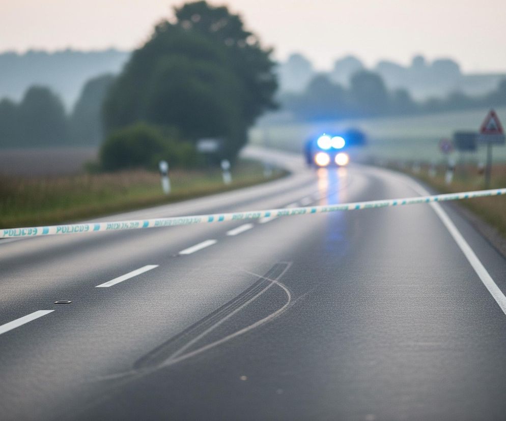 Asfaltowa droga wijąca się w oddali jest głównym elementem obrazu, przecina ją biało-niebieska taśma z napisem POLICJA, rozciągnięta w poprzek kadru. Na nawierzchni widoczne są ślady opon, a w tle, na zakręcie, migoczą niebieskie światła pojazdu, prawdopodobnie policyjnego, z rozmazanymi odblaskami reflektorów. Po obu stronach drogi rosną trawy i niskie krzewy, a dalej widoczne są niewyraźne zarysy drzew i pagórków, tworzące mglisty krajobraz.