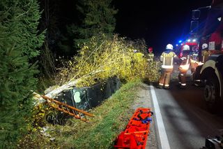 Auto wbiło się w przydrożne drzewo. Strażacy wycinali szybę piłą szablastą 