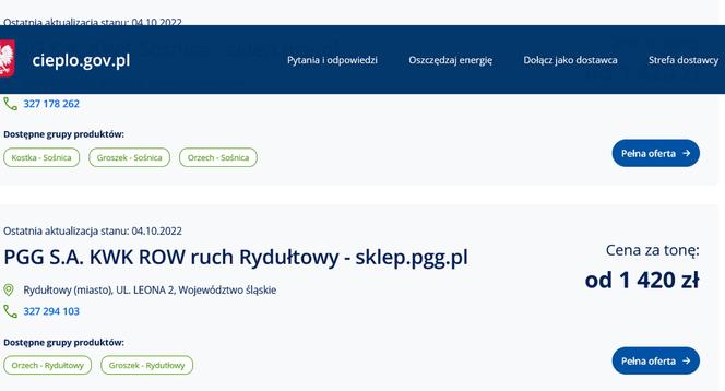 Ceny węgla ze strony cieplo.gov.pl