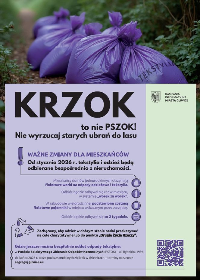 Gliwice wprowadzają fioletowe pojemniki na tekstylia. Nowy system odbioru odpadów od 2026 r.