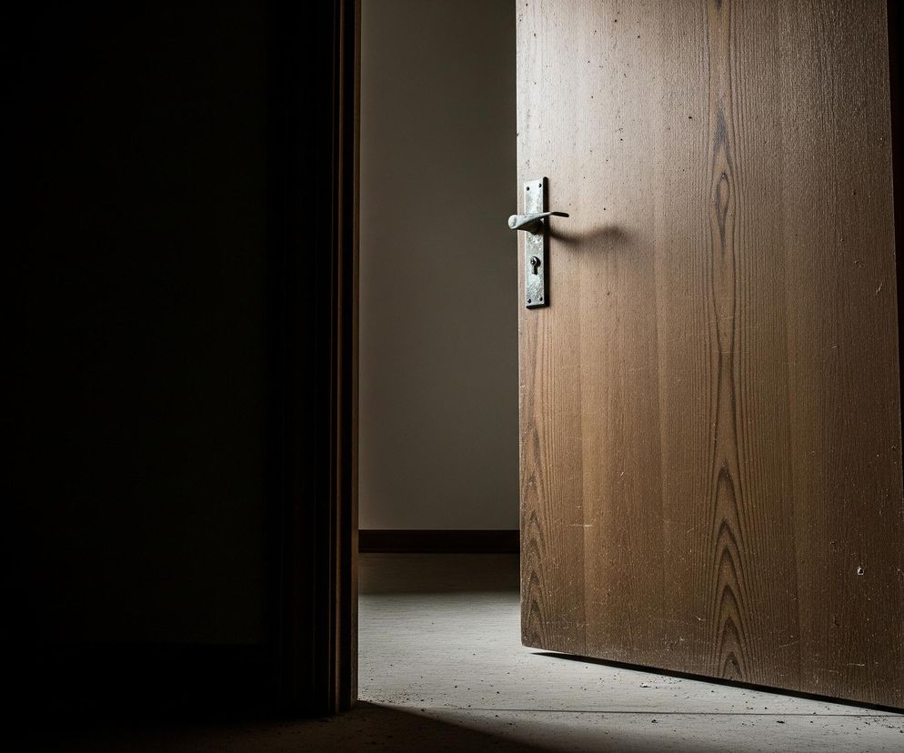 Otworzone, brązowe drzwi z wyraźnym usłojeniem drewna stanowią centralny element obrazu, ukazując odrapaną, metalową klamkę i zamek. Światło pada z prawej strony, oświetlając wewnętrzną stronę drzwi oraz fragment podłogi z widocznymi drobinkami kurzu i brudu, tworząc jasny obszar w prawym dolnym rogu. Przestrzeń po lewej stronie drzwi jest pogrążona w głębokim cieniu, jedynie krawędź futryny jest delikatnie podświetlona. W głębi, za otwartymi drzwiami, widać jasno oświetlone pomieszczenie z fragmentem ściany w ciepłym odcieniu beżu oraz ciemną listwą przypodłogową.