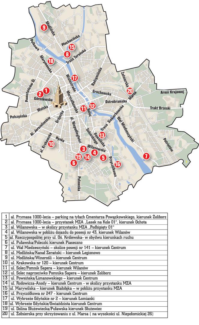 Mapa fotoradarów w Warszawie