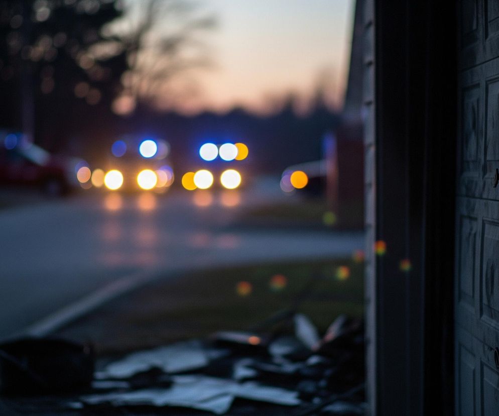 Ciemna, częściowo otwarta brama garażowa znajduje się po prawej stronie obrazu, ukazując fragment jej paneli i klamkę. Na pierwszym planie, u dołu po lewej, leżą rozrzucone śmieci i być może czarny pojemnik. W tle rozciąga się ulica z rozmazanymi światłami pojazdów: widoczne są niebieskie i białe światła migające, prawdopodobnie z radiowozów, oraz żółte i pomarańczowe światła reflektorów. Horyzont ukazuje delikatne przejście od jasnego pomarańczu do błękitu, sugerując wschód lub zachód słońca.