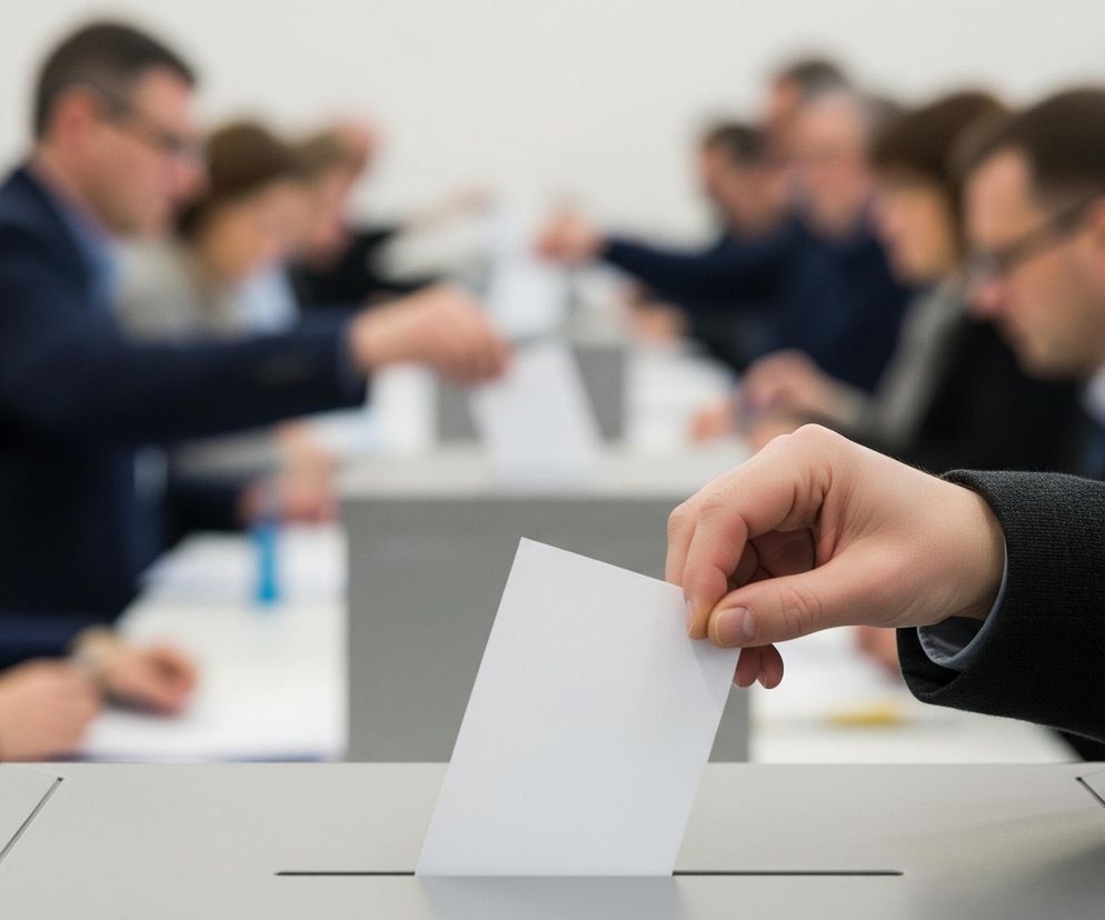 Z bliska widoczna jest prawa dłoń osoby ubrana w ciemną marynarkę, wrzucająca białą kartkę papieru do szarej urny z wąską szczeliną. Tło stanowi rozmyta grupa ludzi, również wykonujących podobną czynność, umieszczając kartki do szarych skrzynek. Cała scena rozgrywa się w jasnym pomieszczeniu.