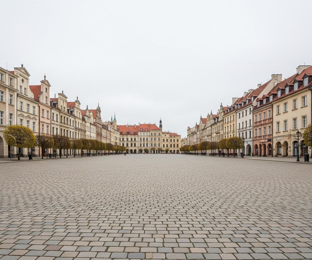 Obszerny, pusty plac wyłożony szarymi i beżowymi kostkami brukowymi rozciąga się w kierunku centrum obrazu, gdzie na jego końcu widoczny jest duży, wielopiętrowy budynek w pastelowych odcieniach, z licznymi oknami i czerwonym dachem. Po obu stronach placu stoją rzędy kamienic o zróżnicowanych fasadach w odcieniach beżu, zieleni, różu i brązu, z czerwonymi, spadzistymi dachami i białymi oknami. Przed kamienicami, wzdłuż brzegów placu, rosną równo posadzone drzewa o zaokrąglonych koronach, z liśćmi w odcieniach żółci i pomarańczu. Niebo nad całą sceną jest jednolicie jasnoszare, co sugeruje pochmurny dzień.