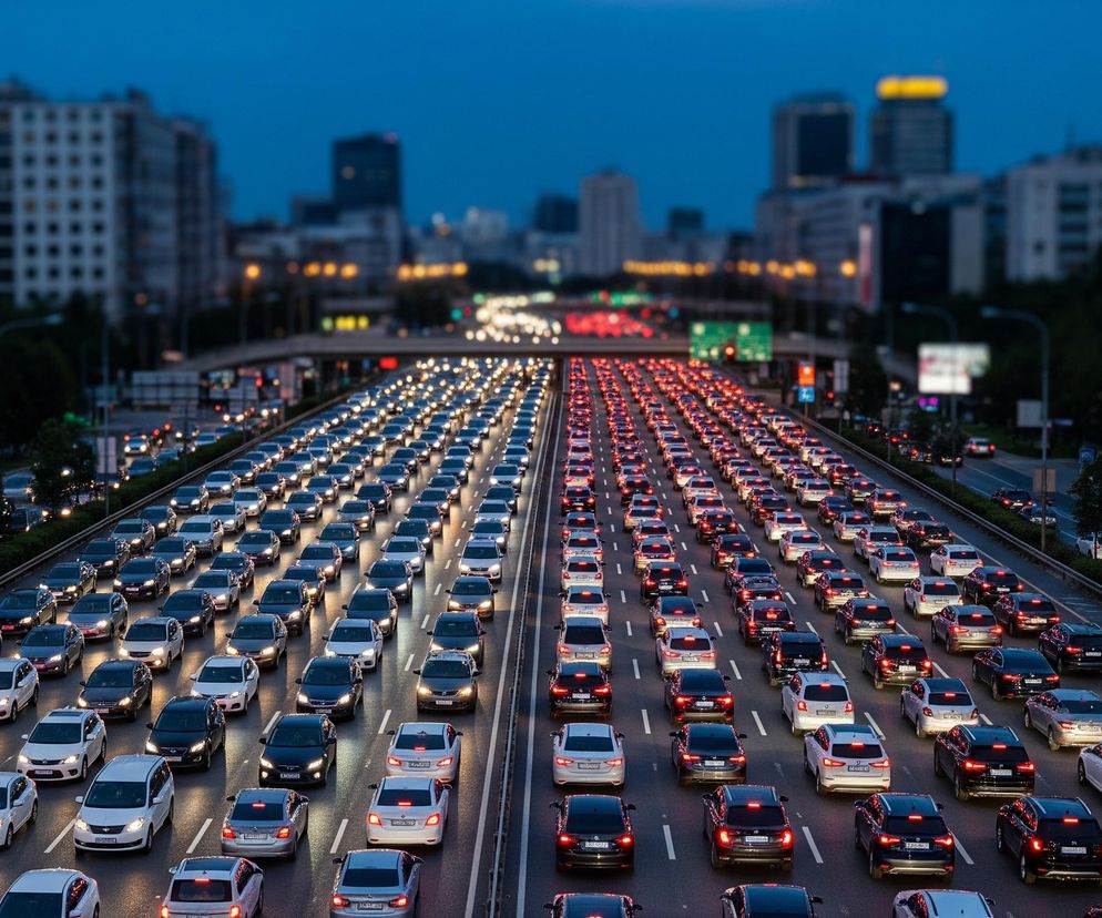 Autostrada miejska, rozświetlona światłami samochodów, dominuje w centrum kadru, rozciągając się w dal. Dziesięć pasów ruchu jest wypełnionych samochodami: białe i żółte światła samochodów jadących w kierunku widza tworzą świecącą smugę po lewej stronie, natomiast czerwone światła aut oddalających się wypełniają pasy po prawej. Po obu stronach autostrady widoczne są gęste drzewa, a dalej w tle, pod ciemnoniebieskim niebem, rysują się niewyraźne, szare kontury wysokich budynków z nielicznymi podświetlonymi oknami.