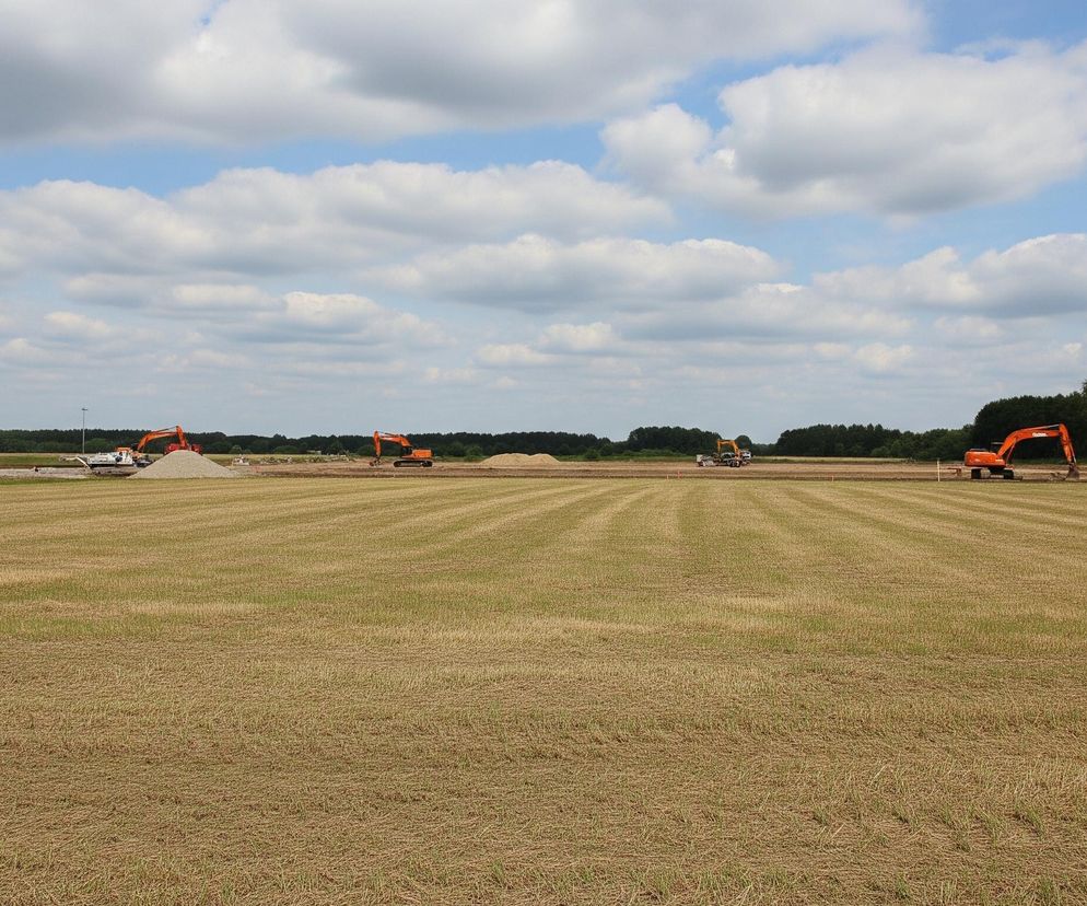 Rozległe, pożółkłe pole z resztkami skoszonej trawy rozciąga się na pierwszym planie, z pasami jaśniejszej i ciemniejszej zieleni. W tle, na horyzoncie, widać linię ciemnozielonych drzew. Pomiędzy polem a lasem, na placu budowy, widoczne są cztery pomarańczowe koparki, stosy piasku i ciężarówki. Niebo wypełniają liczne białe, puszyste chmury, z widocznymi fragmentami jasnoniebieskiego nieba.