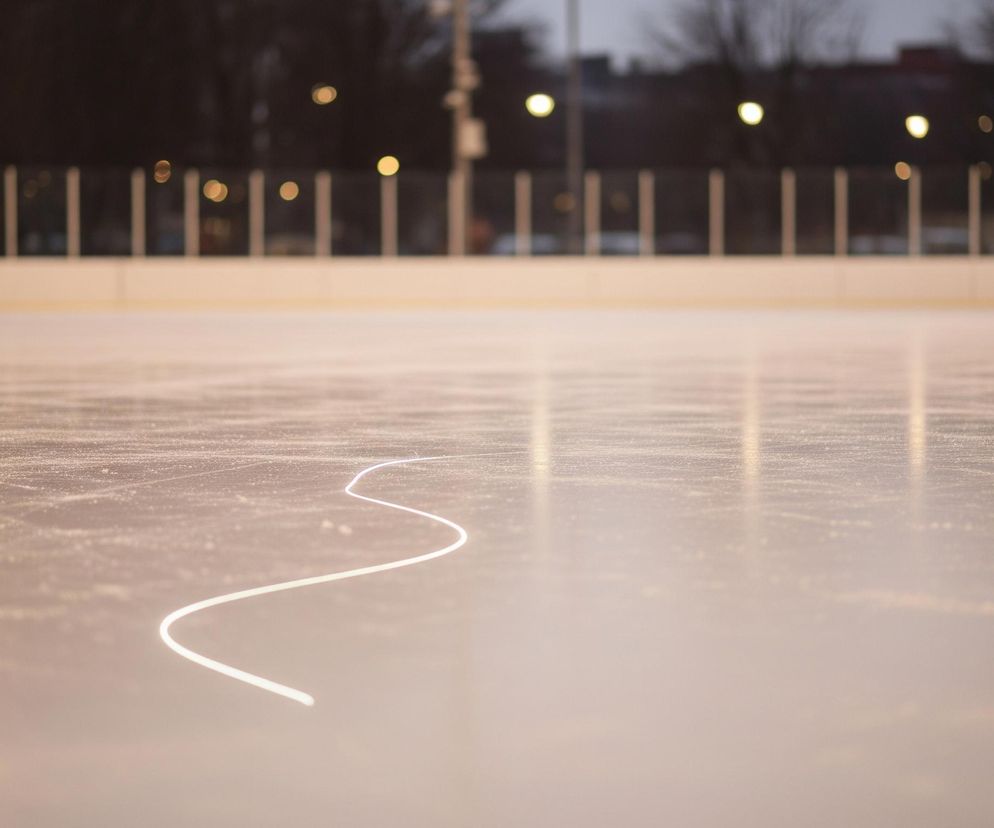 Lód na lodowisku zajmuje większość kadru, z wyraźnym białym, falującym śladem biegnącym od dołu, lekko w prawo, w stronę środka zdjęcia. Powierzchnia lodu jest błyszcząca, odbijając światła otoczenia. W tle widoczny jest niewyraźny rząd słupków, prawdopodobnie części bandy lodowiska, oraz rozmyte, jasne punkty świetlne, prawdopodobnie lampy, na tle ciemnego nieba lub odległych drzew. Całość utrzymana jest w chłodnej tonacji z ciepłymi akcentami świateł.
